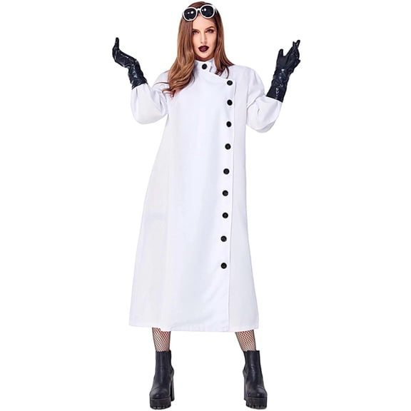 Kcolen Women White Lab Coat for Halloween, Long Sleeve Button Front Mad Scientist Cosplay Outfit, Role Play Dress Up Party Wear
