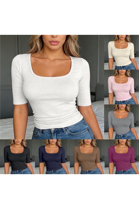 Women's Half Sleeve Square Neck Slim-Fit Tee Tops Summer Beach Fashion Casual Basic Tee Shirts Spring Work Outfits Going Out Trendy Clothes