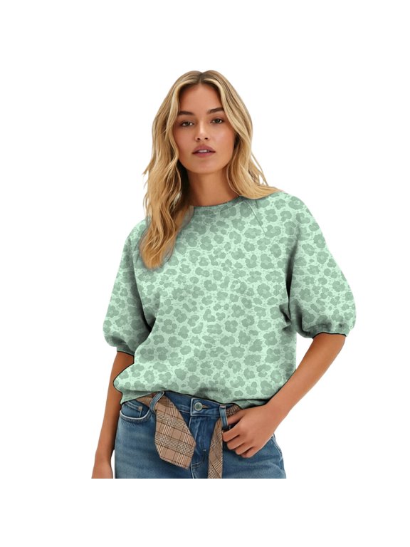Women's Oversized Short Sleeve Leopard Prints Sweatshirt Crewneck Puff Sleeve Top Fall Crew Neck, Casual, Basic, Trendy Fashion, Lightweight Tops