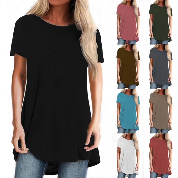 Kcolen Women's Tops, Tees & Blouses Solid Color Short Sleeve Crewneck Plus Size Blouses Summer Woman Cute Dressy Casual Clothing Business Work Blouse,Coffee