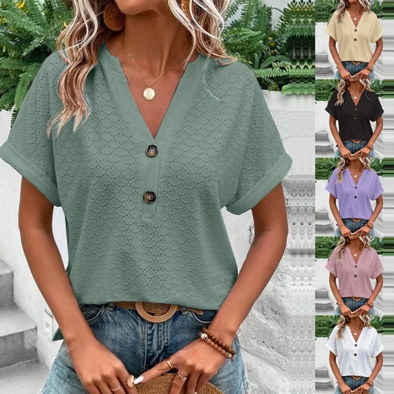 Kcolen Women's Tops V Neck Short Sleeve Summer Relaxed Fit Solid Color Blouse Womens Spring Fashion Clothes Vacation Outfits,Green