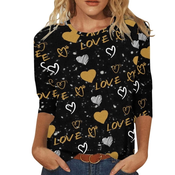 Kcolen Womens 3/4 Sleeve Valentine's Day T-Shirt Letter Print Women's St Valentine S Day T-Shirt Warm Crewneck Women Tops Blouse Holiday Tops