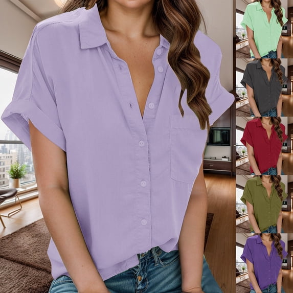 Kcolen Womens Button Down Shirts Dressy Casual Short Sleeve Pullovers Womens Tops Trendy Solid Color Drop Shoulder Casual Plus Size Work Blouses Business Outfits Fashion Clothing,Army Green