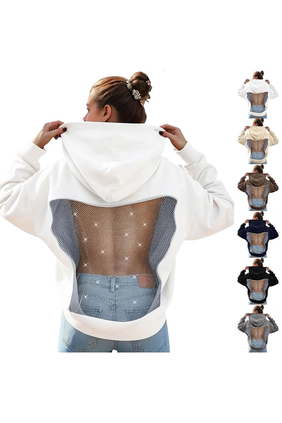 Womens Hoodies Pullover Oversized Mesh Back Sweatshirt See Through Hollow Pullover Long Sleeve Backless Tops