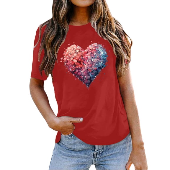 Kcolen Womens Oversized Tshirt Women Love Heart Print Valentines Shirts Women Comfy Basic Woman Short Sleeve T Shirt Holiday Tops