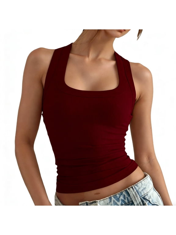 Womens Workout Tank Tops,Tank Tops for Women With Built In Bra Sleeveless Shirts Ribbed Fitted Summer Casual Top