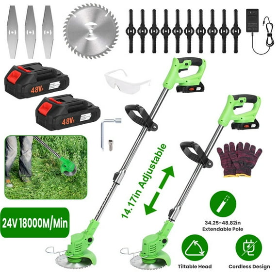 Kcpolre 24V 300W Cordless Grass Trimmer - Rechargeable Lawn Mower With 18000M/Min Speed, Saw Blade, 2 Stainless Steel Blades, 10 Plastic Blades, 2 Batteries, Goggles & Gloves