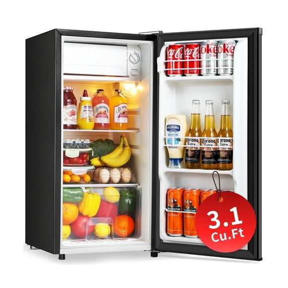 Kcpolre 3.1 Cu.Ft Mini Fridge with Freezer, Adjustable Thermostat, Removable Glass Shelves & Fruit Basket for Dorm Room, Office, Bedroom, Black