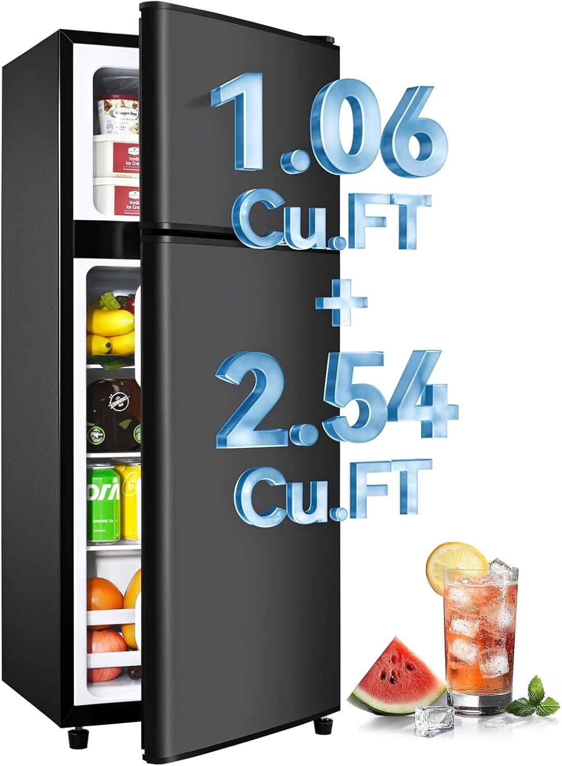 Kcpolre 3.6 Cu.Ft Double Door Fridge Freezer - 6-Level Thermostat, LED Light, Adjustable Glass Shelves - Ideal for Bedroom, Office, Dorm & Apartment - Black