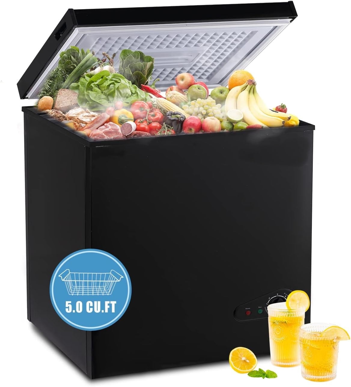 Kcpolre 5.0 Cu.Ft Chest Freezer with Removable Basket, Small Deep Freezer Adjustable 7 Thermostat, Quiet Mini Freezer Free-Standing Top Door, for Apartment/Garage/Basement/Dorm, Black