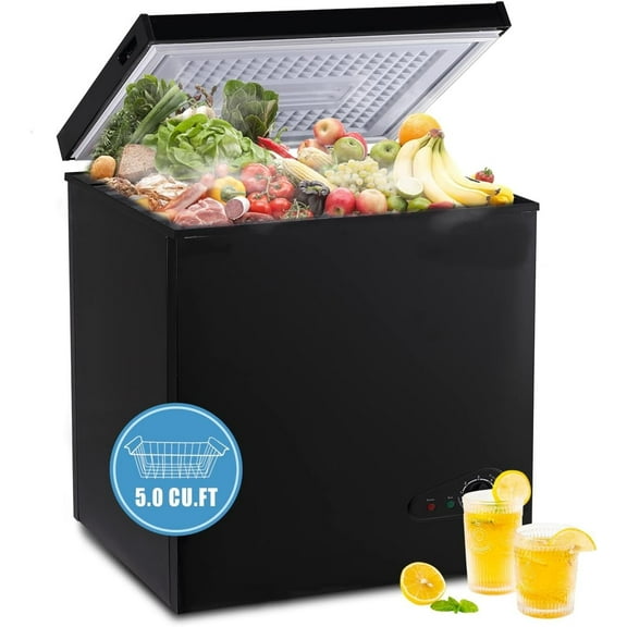 Kcpolre 5.0 Cu.Ft Chest Freezer with Removable Basket, Small Deep Freezer Adjustable 7 Thermostat, Quiet Mini Freezer Free-Standing Top Door, for Apartment/Garage/Basement/Dorm, Black