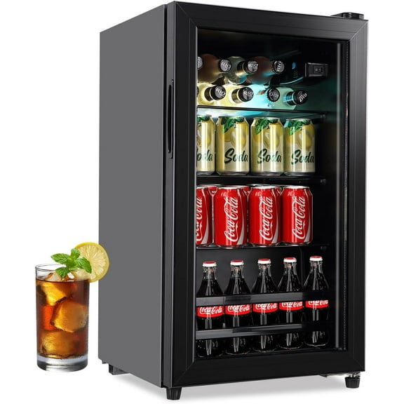 Kcpolre Beverage Refrigerator Cooler-120 Cans Freestanding Mini Fridge Cooler with Glass Door, Adjustable Shelves for Soda, Wine or Beer, Black