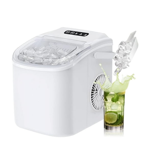 Kcpolre Countertop Ice Maker Machine with Basket and Scoop, 9 Ice Cubes Ready in 7 Mins, 26lbs Per Day, Self-Cleaning Portable Ice Maker with Handle, for Home, Kitchen, Party, Camping, RV, White