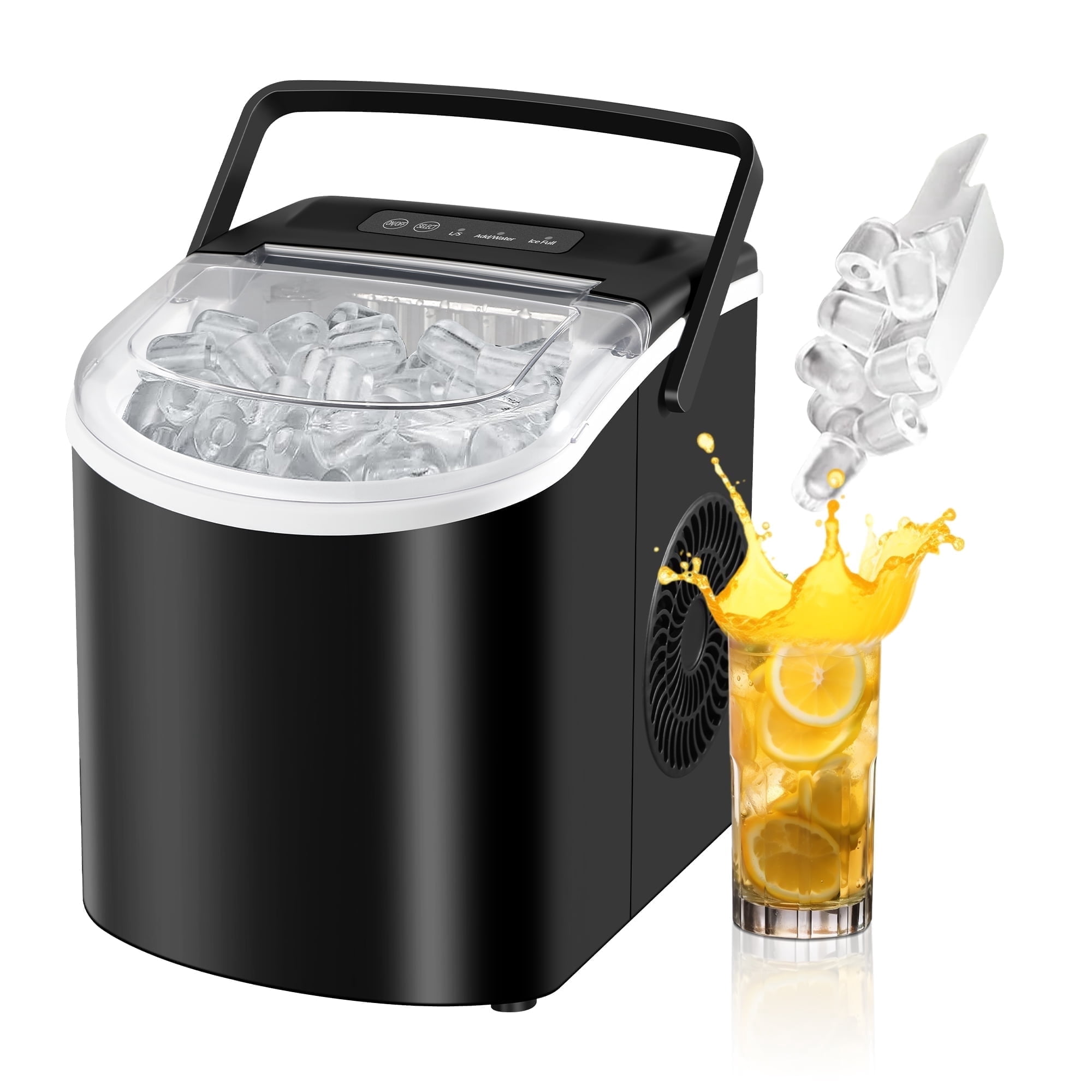 Kcpolre Countertop Ice Maker Machine with Handle, 9 Ice Cubes Ready in 7 Mins,  26lbs  Per Day, Self-Cleaning Portable Ice Maker with Basket and Scoop, for Home/Kitchen/Party/Camping/RV(Black)