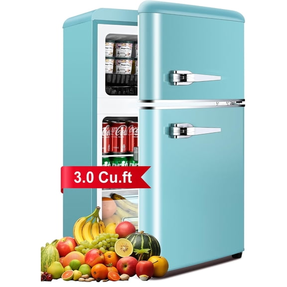Kcpolre Mini Fridge with Freezer, 3.0 Cu.ft Mini Fridge, Retro Small Refrigerator with Adjustable and Removable Double Doors, Suitable for Office, Bedroom, Dormitory or Cabin, Blue