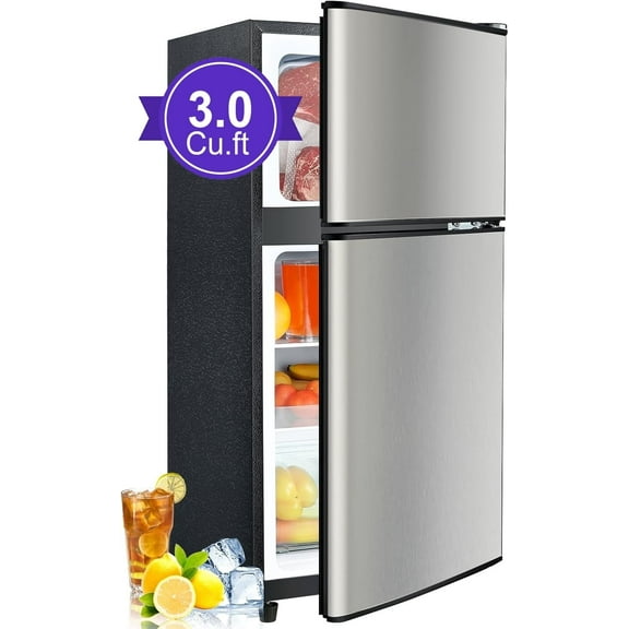 Kcpolre Mini Fridge with Freezer, 3.0 Cu.ft Small Refrigerator, 7 Adjustable Thermostat, Energy Saving, Low Noise, Double Door Compact Refrigerator for Dorm, Bedroom, Office - Silver