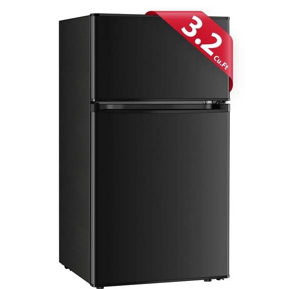 Kcpolre Black Mini Fridge with Freezer 3.2 Cu.Ft, Adjustable Glass Shelves, Quiet Dual Door Dorm Fridge for Bedroom, College, Office