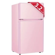 Kcpolre Pink Mini Fridge with Freezer 3.2 Cu.ft Refrigerators, Adjustable Glass Shelves, Quiet Dual Door Dorm Fridge for Bedroom, College, Office