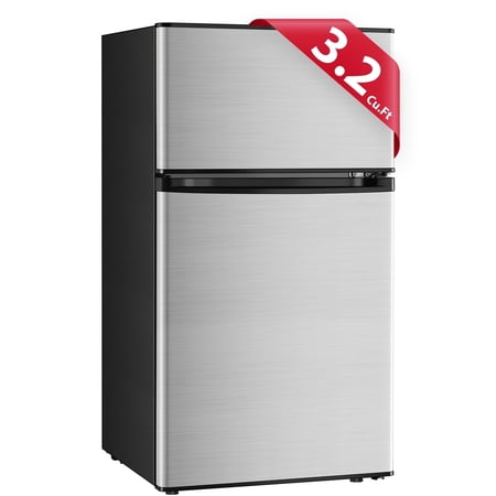 Kcpolre Silver Mini Fridge with Freezer 3.2 Cu.Ft, Adjustable Glass Shelves, Quiet Dual Door Dorm Fridge for Bedroom, College, Office