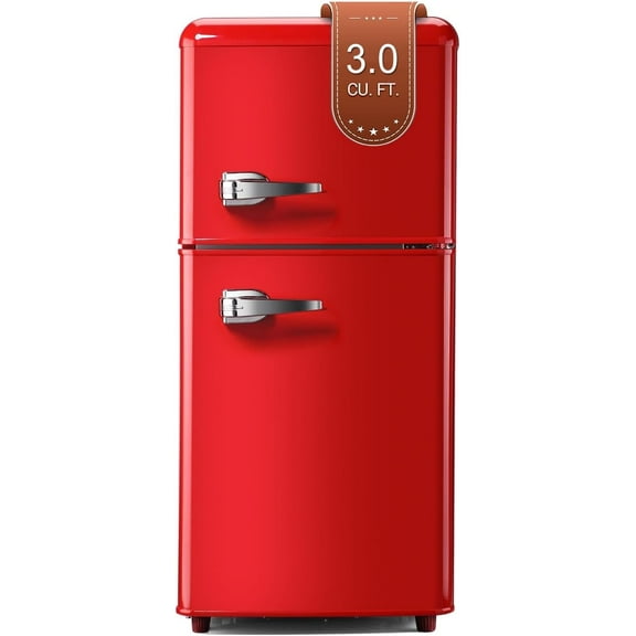 Kcpolre Retro Mini Fridge, 3.0 Cu. ft. Small Refrigerator with Freezer Retro Style with 7-Level Adjustable Thermostat, Compact Vintage 2-Door Fridge for Home, Apartments, Dorm, Office, Red