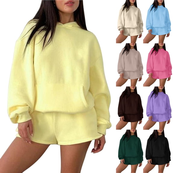 Kctiaxy 2 Piece Sets for Women Fall Fashion Sweatsuits Set Causal Solid Color 2 Piece Hooded Sweatshirts and Short Sweatpant Sets Jogger Track Suit