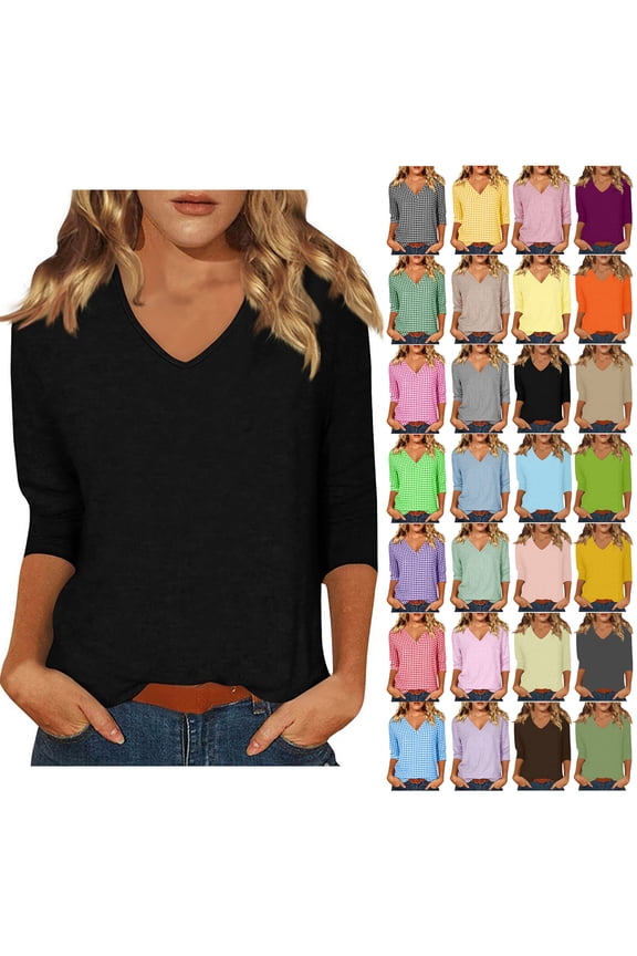 3/4 Length Sleeve Womens Tops Casual Loose Fitting T Shirt Soft Comfy Soild Color V Neck Tops for Women