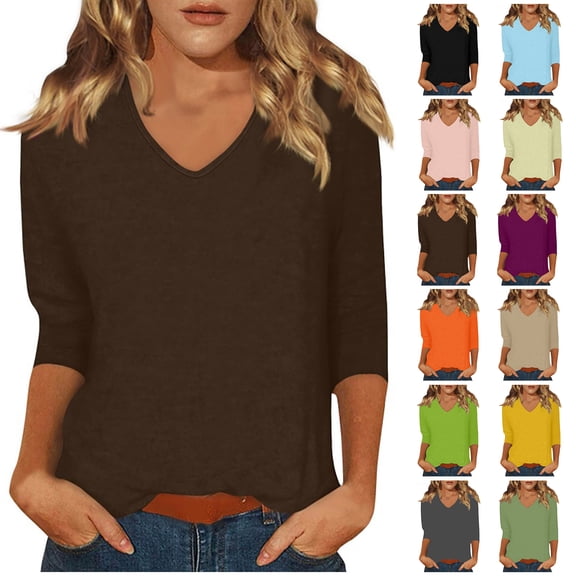 Kctiaxy 3/4 Length Sleeve Womens Tops Casual Loose Fitting T Shirt Soft Comfy Soild Color V Neck Tops for Women