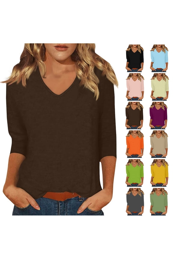 3/4 Length Sleeve Womens Tops Casual Loose Fitting T Shirt Soft Comfy Soild Color V Neck Tops for Women