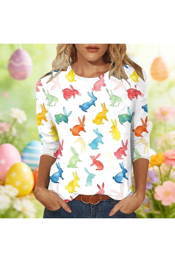 3/4 Length Sleeve Womens tops Happy Easter Graphic Crew Neck T-Shirt Fashion Casual Loose Fitting Top Festival Pullover Tees