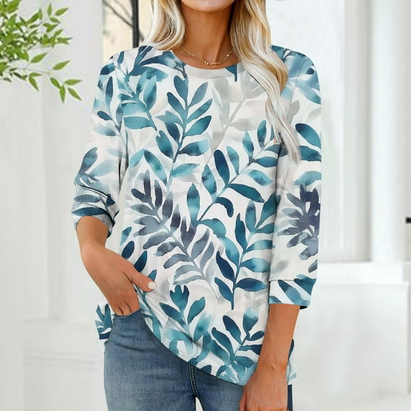 Kctiaxy 3/4 Sleeve Tops for Women Fashion Cre W Neck Graphic Print T Shirt Causal Loose Summer Fall Trendy Vacation Trave L Blouse