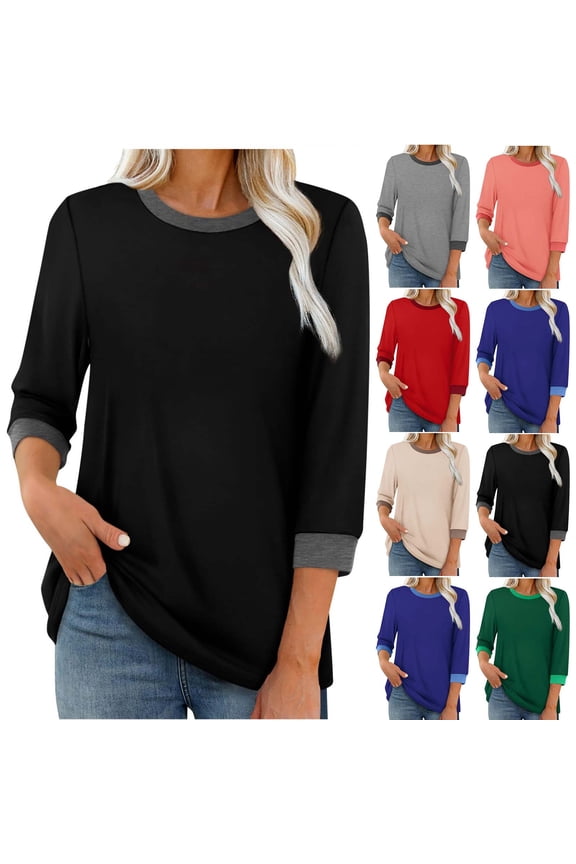 3/4 Sleeve Tops for Women Fashion Cre W Neck Solid Color T Shirt Causal Loose Summer Fall Trendy Vacation Trave L Blouse