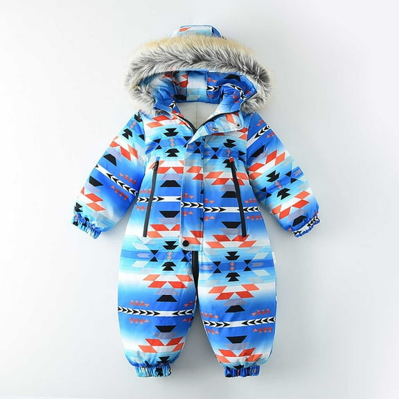 Kctiaxy Blue Baby Snowsuit Winter Warm Newborn Outfit Thickened Hooded Jumpsuit Infant Solid Color Outwear Windproof Ski Suits 3-4 Year