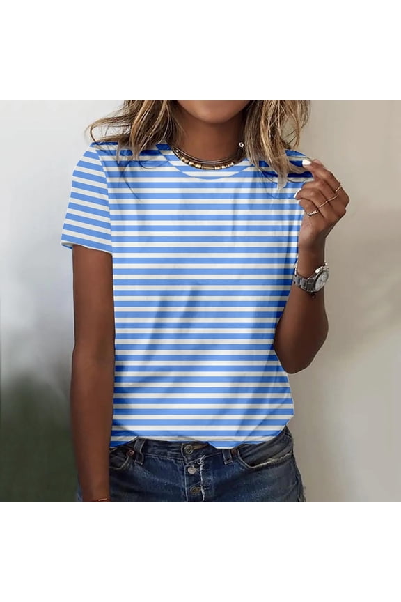 Blue T Shirts for Women Summer Round Neck Short Sleeve Tops Casual Floral Print Loose Fitting Tees Trendy Blouse L