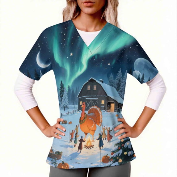 Kctiaxy Blue Thanksgiving Scrub Tops Women Summer Casual Short Sleeve V-Neck Scrub Tops Women Fashionable Print Graphic Nurse Scrubs with Pockets XL