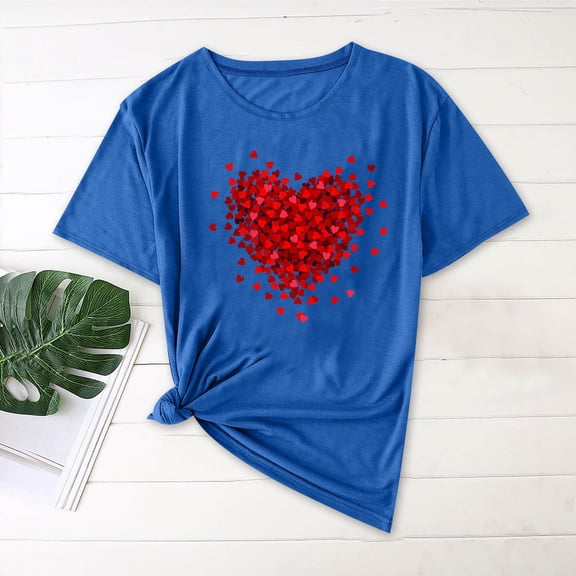 Kctiaxy Blue Women's T-Shirts Casual Round Neck Valentiness Women Blouses Fashion Love Printed Short Sleeve Tops for Summer XXL