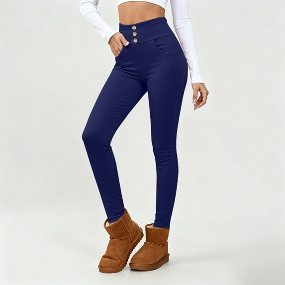 Kctiaxy Blue Womens Leggings with Pocket Winter Warm Solid Color Yoga Pants Light Sport Fashion Span Fleece Lined Leggings for Women M