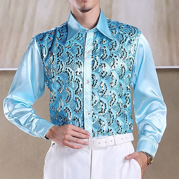 Kctiaxy Button Down Shirt Men Sequin Long Sleeve Shirts Casual Turndown Collar Soft Breathable Blouse Wedding Formal Suits