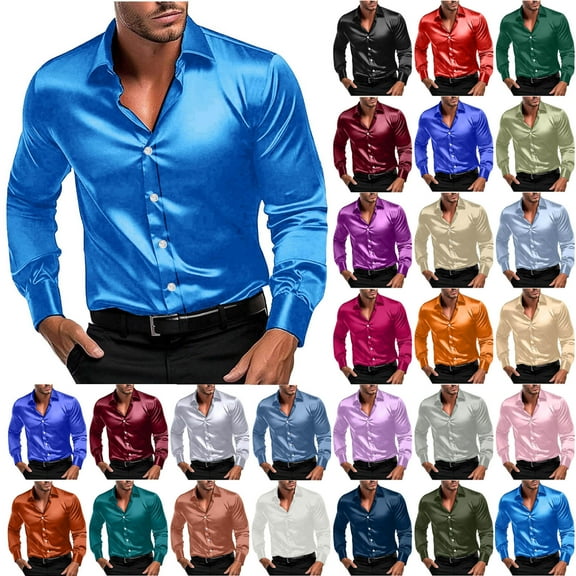 Kctiaxy Button Down Shirt Men Long Sleeve Turn-down Collar Blouse Shirts Causal Vintage Style Solid Color Fashion Dancing Party Beach Blouse Tops