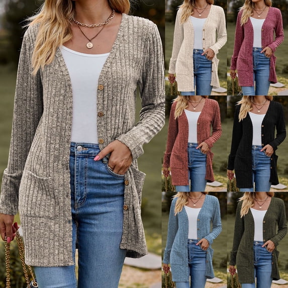 Kctiaxy Cardigan for Women Long Sleeve V-Neck Button Down Long Cardigan Solid Color Open Front Knit Shrugs Sweater with Pockets