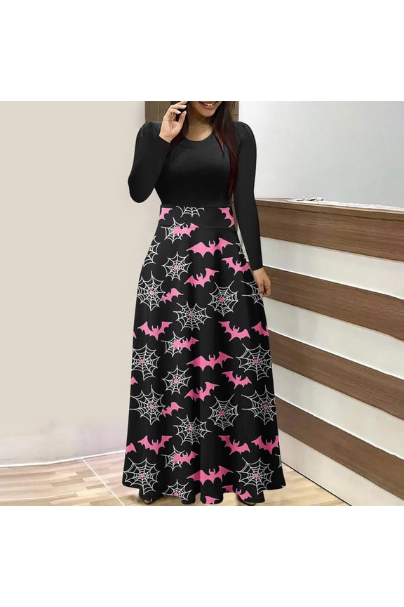 Dresses for Women Halloween Printed Long Sleeve Fall Dress Casual Round Neck Slim Fits A-Line Flowy Patchwork Maxi Dress