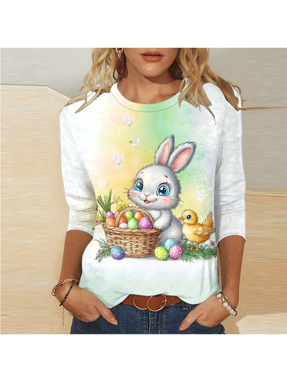 Easter Shirts for Women Crew Neck 3/4 Sleeve T Shirts Cute Graphic Print Loose Fitted Dressy Summer Pullover Top Blouse