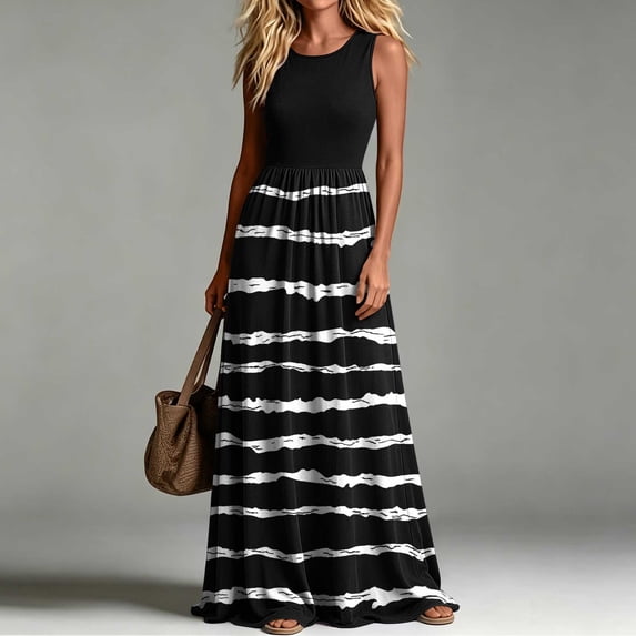Kctiaxy Fall Dresses for Women Crew Neck Sleeveless T Shirts Long Dress Casual Loose Fashion Stripe Print A-Line Dress