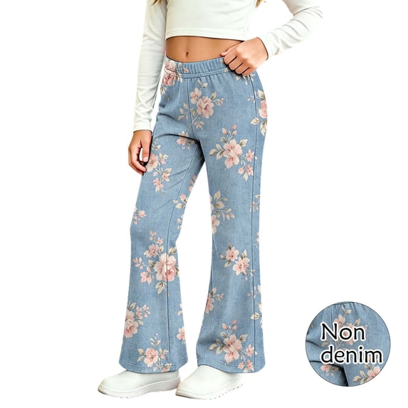 Kctiaxy Girls Pants Elastic Waist Flare Pants Fashion Floral Print Bell Bottom Pants for 2-13 Years, Girl Birthday Gifts