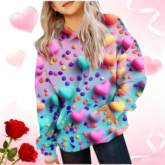Kctiaxy Graphic Hoodies for Girls Boys Casual Crewneck Hooded Sweatshirts Fleece Long Sleeve Love Heart Print Graphic Tops with Pocket