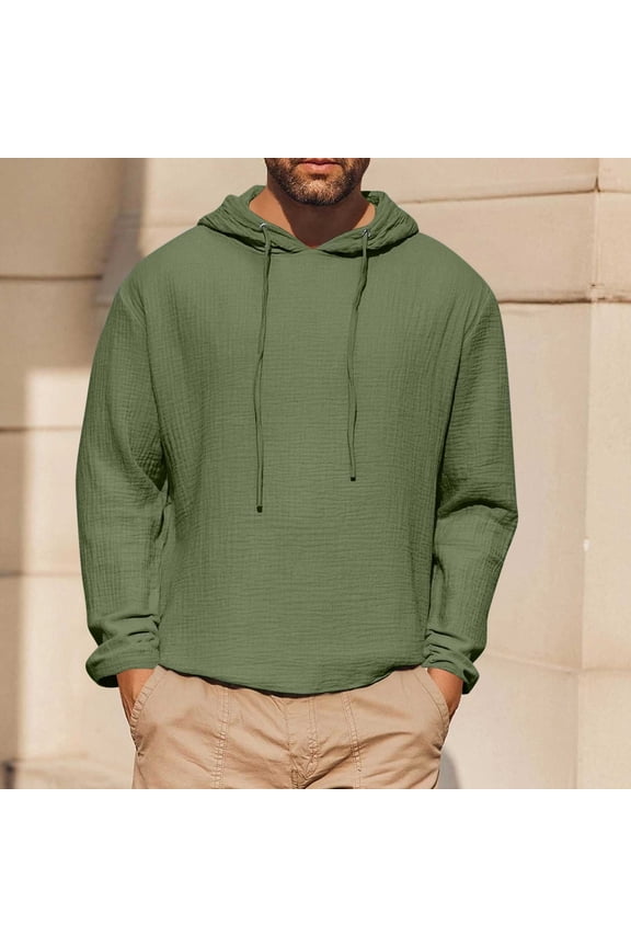 Green Mens Summer Shirts with Hood Cotton Linen Long Sleeve Shirts Solid Color Casual Pullover Tops Hooded Sweatshirts Beach Vacation XL