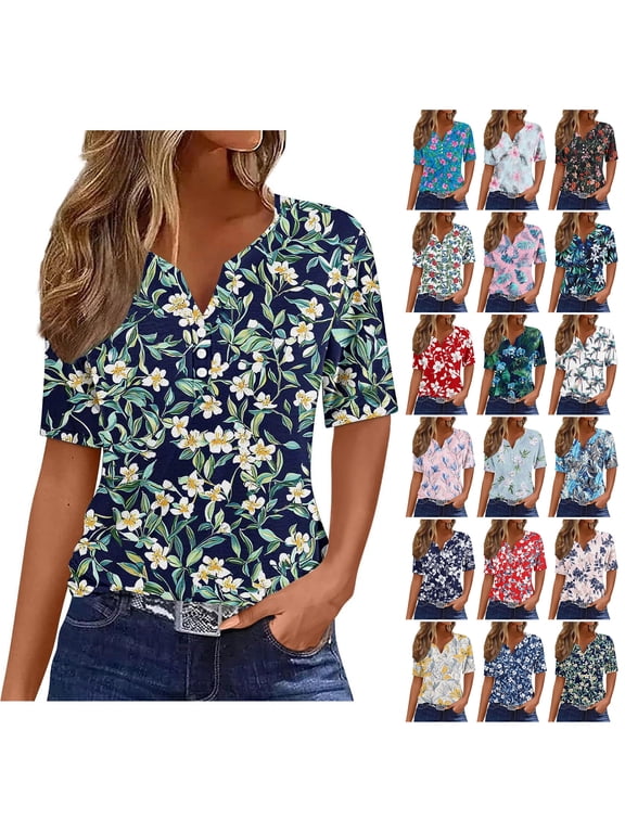 Hawaiian Shirts for Women V-Neck Button Collar Short Sleeve Shirts Fashion Beach Floral Summer Tops Casual Pullover Blouse