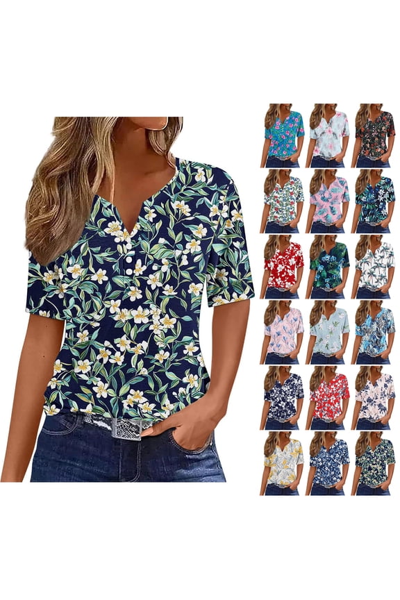 Hawaiian Shirts for Women V-Neck Button Collar Short Sleeve Shirts Fashion Beach Floral Summer Tops Casual Pullover Blouse