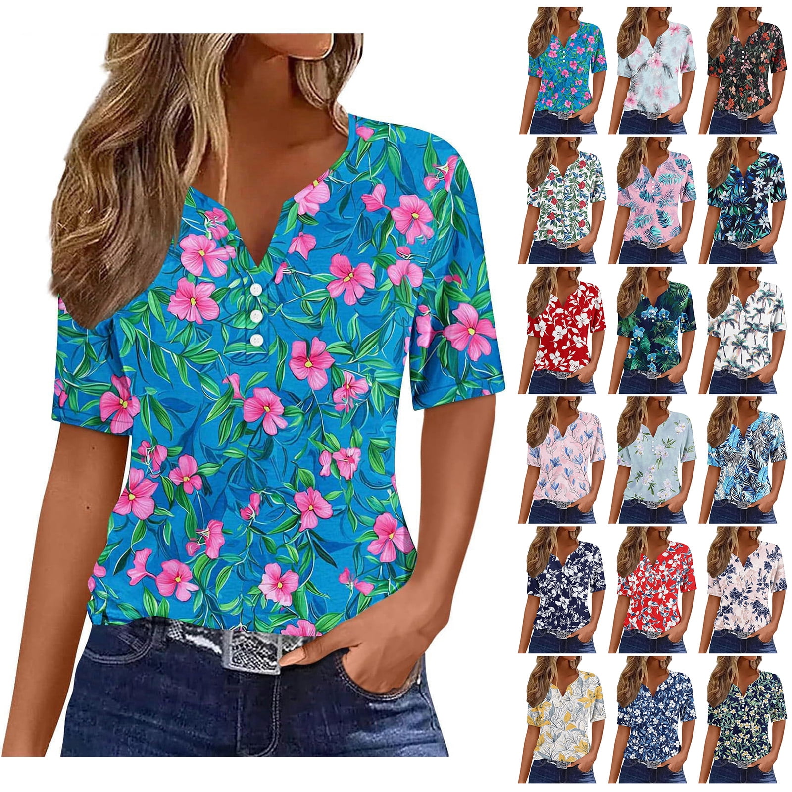 Kctiaxy Hawaiian Shirts for Women V-Neck Button Collar Short Sleeve ...