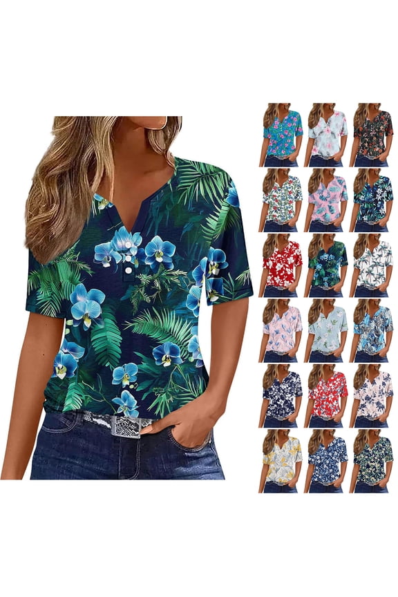 Hawaiian Shirts for Women V-Neck Button Collar Short Sleeve Shirts Fashion Beach Floral Summer Tops Casual Pullover Blouse