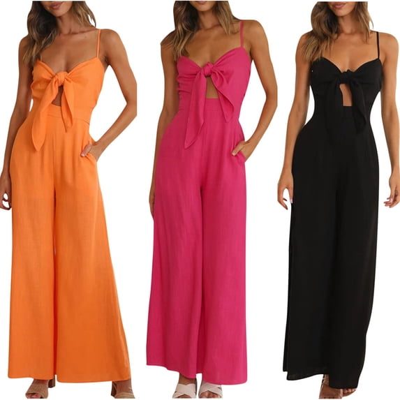Kctiaxy Jumpsuits for Women Summer Sleeveless Solid Color Overalls Backless Wide Leg Pants Rompers Beach Vacation Clothes for Women with Pockets